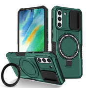 For Samsung Galaxy S21 FE 5G Sliding Camshield Magsafe Holder TPU Hybrid PC Phone Case(Deep Green)