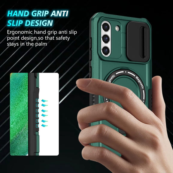 For Samsung Galaxy S21 FE 5G Sliding Camshield Magsafe Holder TPU Hybrid PC Phone Case(Deep Green)