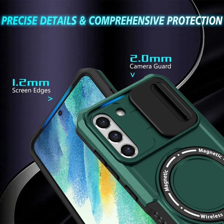 For Samsung Galaxy S21 FE 5G Sliding Camshield Magsafe Holder TPU Hybrid PC Phone Case(Deep Green)