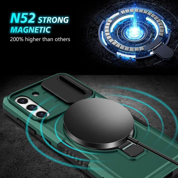 For Samsung Galaxy S21 FE 5G Sliding Camshield Magsafe Holder TPU Hybrid PC Phone Case(Deep Green)