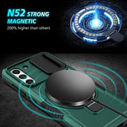 For Samsung Galaxy S21 FE 5G Sliding Camshield Magsafe Holder TPU Hybrid PC Phone Case(Deep Green)