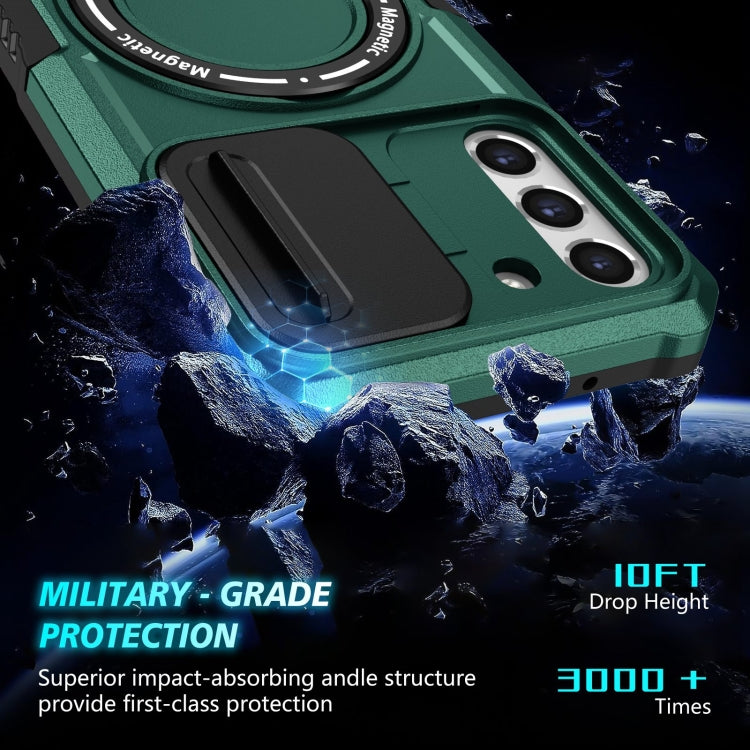 For Samsung Galaxy S21 FE 5G Sliding Camshield Magsafe Holder TPU Hybrid PC Phone Case(Deep Green)