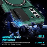 For Samsung Galaxy S21 FE 5G Sliding Camshield Magsafe Holder TPU Hybrid PC Phone Case(Deep Green)
