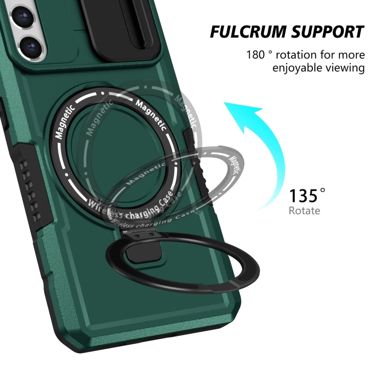 For Samsung Galaxy S21 FE 5G Sliding Camshield Magsafe Holder TPU Hybrid PC Phone Case(Deep Green)