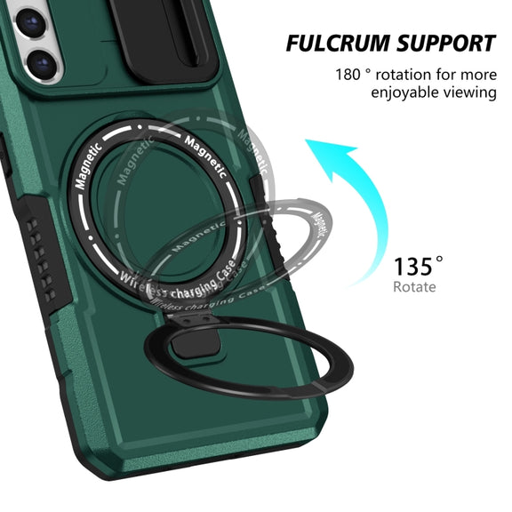 For Samsung Galaxy S21 FE 5G Sliding Camshield Magsafe Holder TPU Hybrid PC Phone Case(Deep Green)