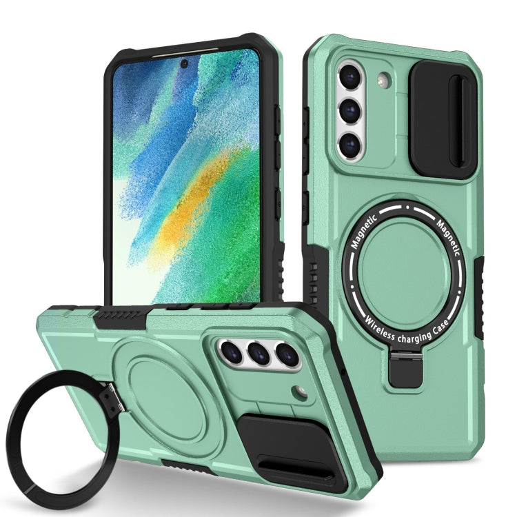 For Samsung Galaxy S21 FE 5G Sliding Camshield Magsafe Holder TPU Hybrid PC Phone Case(Light Blue)