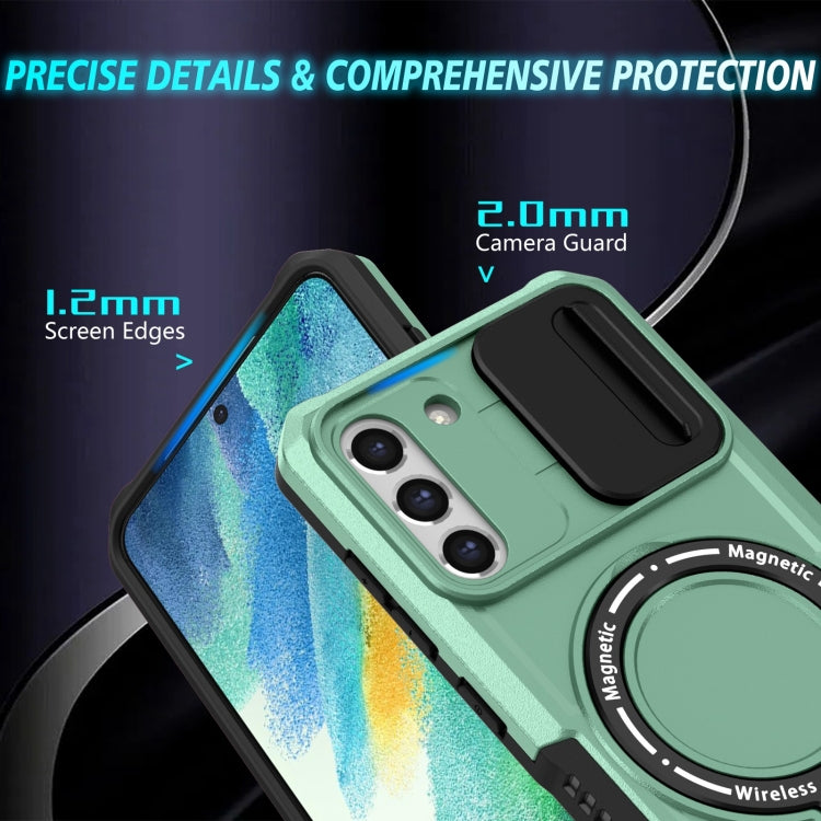 For Samsung Galaxy S21 FE 5G Sliding Camshield Magsafe Holder TPU Hybrid PC Phone Case(Light Blue)