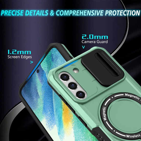 For Samsung Galaxy S21 FE 5G Sliding Camshield Magsafe Holder TPU Hybrid PC Phone Case(Light Blue)