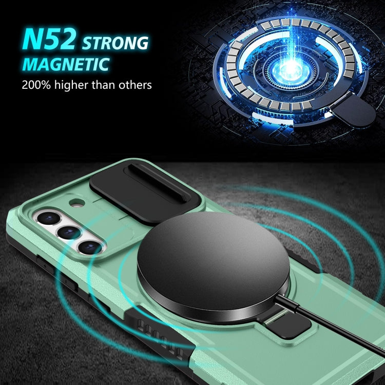 For Samsung Galaxy S21 FE 5G Sliding Camshield Magsafe Holder TPU Hybrid PC Phone Case(Light Blue)