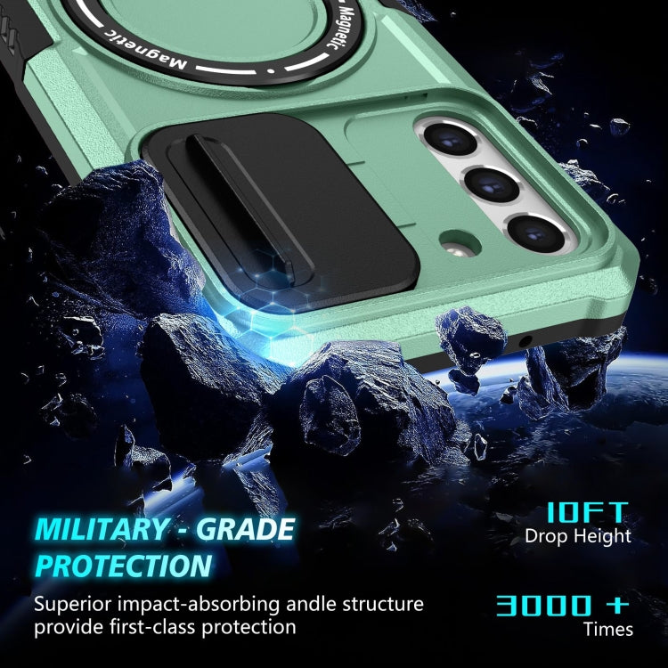 For Samsung Galaxy S21 FE 5G Sliding Camshield Magsafe Holder TPU Hybrid PC Phone Case(Light Blue)