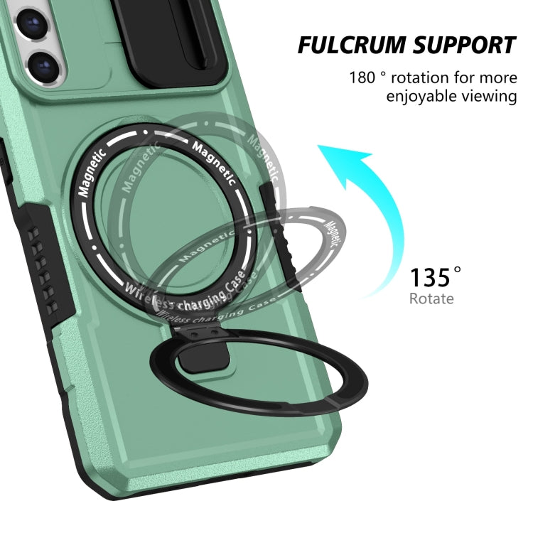 For Samsung Galaxy S21 FE 5G Sliding Camshield Magsafe Holder TPU Hybrid PC Phone Case(Light Blue)