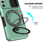 For Samsung Galaxy S21 FE 5G Sliding Camshield Magsafe Holder TPU Hybrid PC Phone Case(Light Blue)
