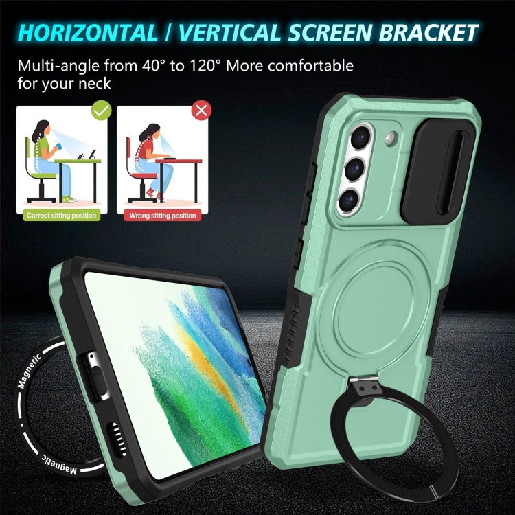 For Samsung Galaxy S21 FE 5G Sliding Camshield Magsafe Holder TPU Hybrid PC Phone Case(Light Blue)