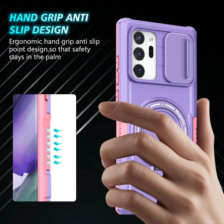 For Samsung Galaxy Note20 Ultra Sliding Camshield Magsafe Holder TPU Hybrid PC Phone Case(Pink Purple)