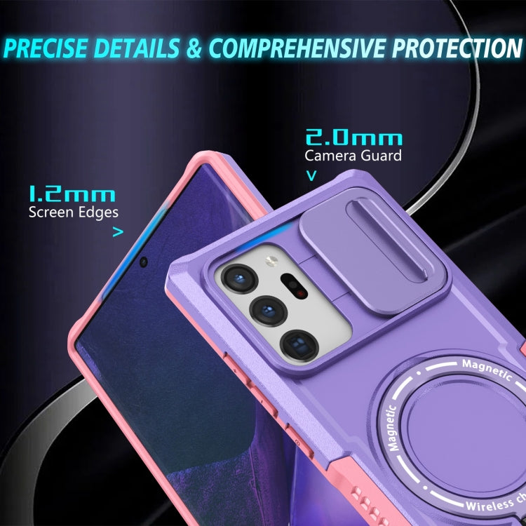 For Samsung Galaxy Note20 Ultra Sliding Camshield Magsafe Holder TPU Hybrid PC Phone Case(Pink Purple)
