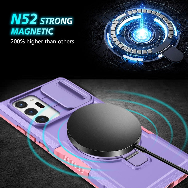 For Samsung Galaxy Note20 Ultra Sliding Camshield Magsafe Holder TPU Hybrid PC Phone Case(Pink Purple)