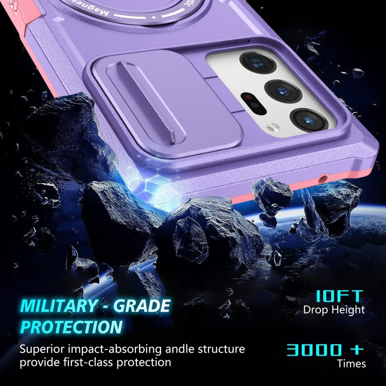 For Samsung Galaxy Note20 Ultra Sliding Camshield Magsafe Holder TPU Hybrid PC Phone Case(Pink Purple)
