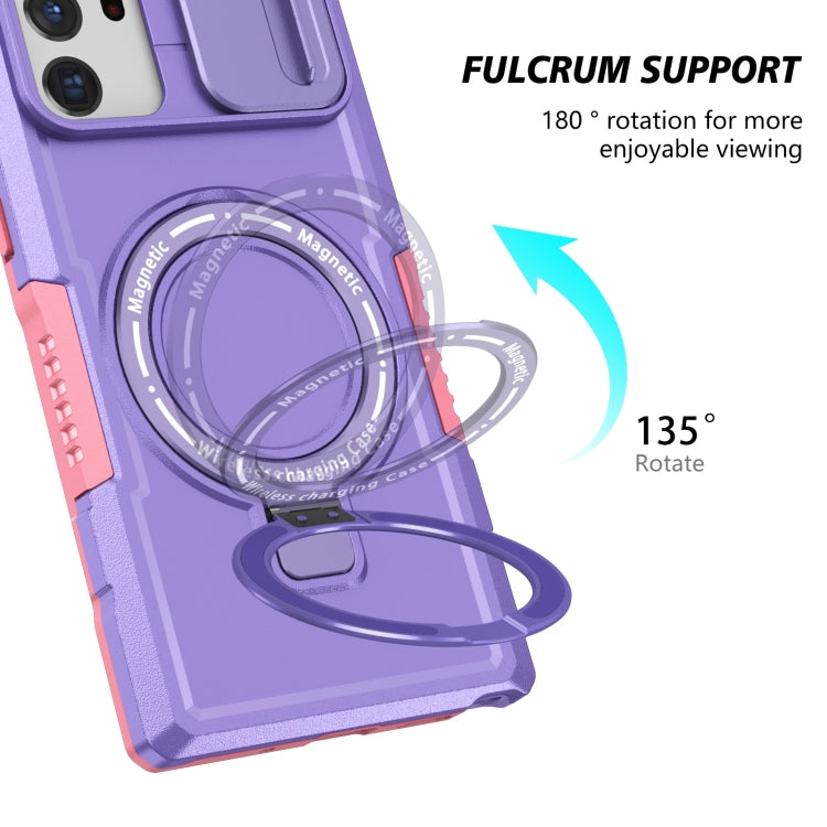 For Samsung Galaxy Note20 Ultra Sliding Camshield Magsafe Holder TPU Hybrid PC Phone Case(Pink Purple)