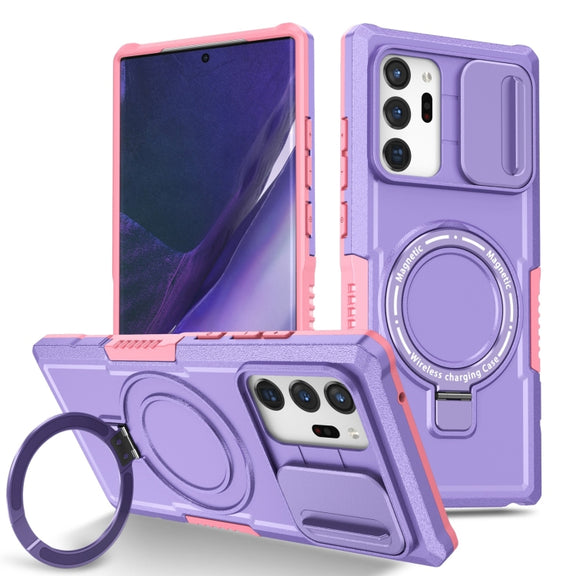 For Samsung Galaxy Note20 Ultra Sliding Camshield Magsafe Holder TPU Hybrid PC Phone Case(Pink Purple)