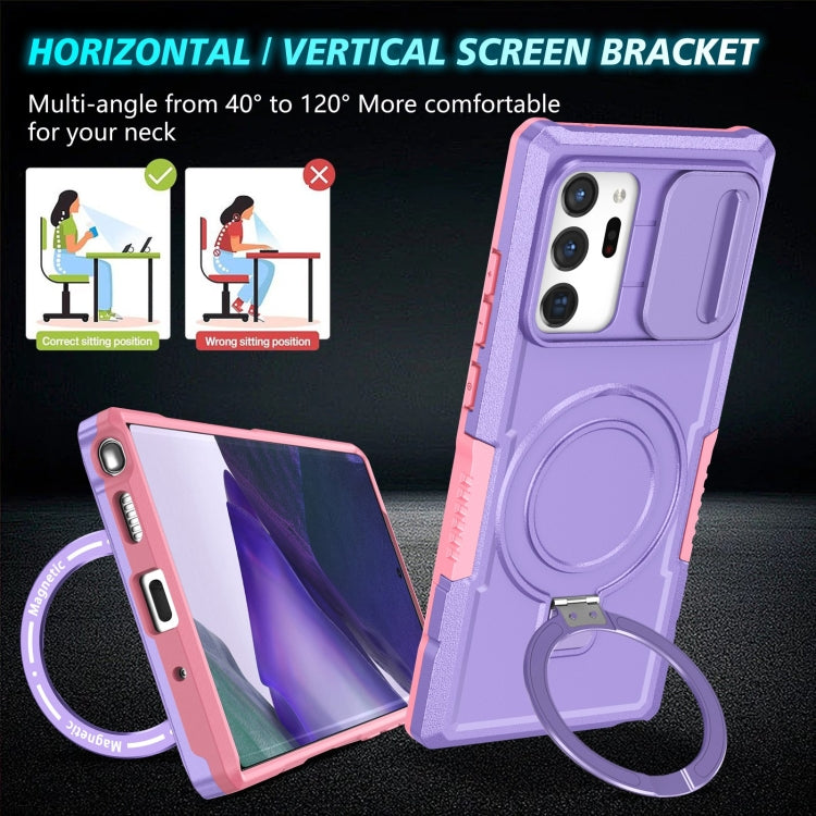 For Samsung Galaxy Note20 Ultra Sliding Camshield Magsafe Holder TPU Hybrid PC Phone Case(Pink Purple)