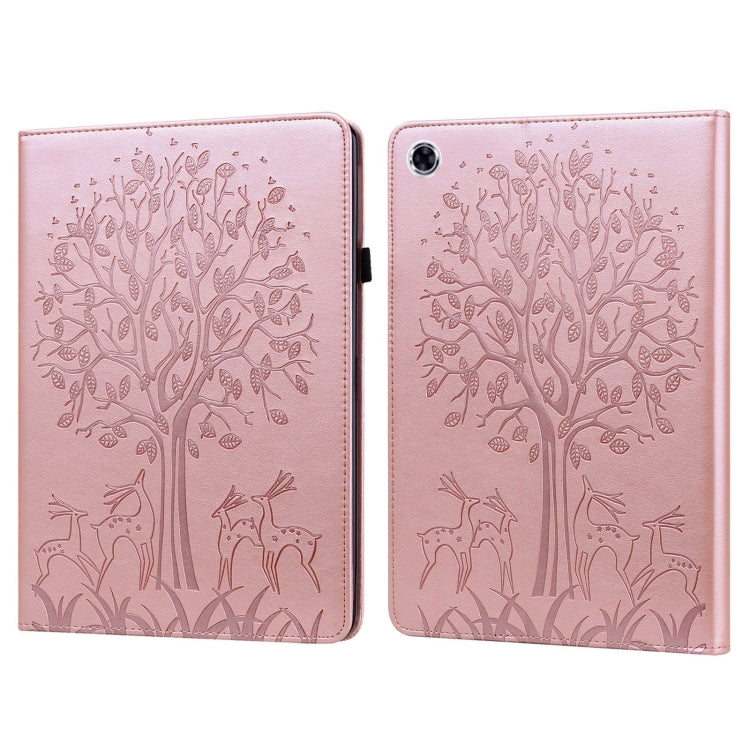 For Samsung Galaxy Tab A9+ Tree & Deer Embossed Leather Tablet Case(Pink)