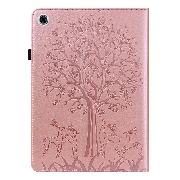 For Samsung Galaxy Tab A9+ Tree & Deer Embossed Leather Tablet Case(Pink)