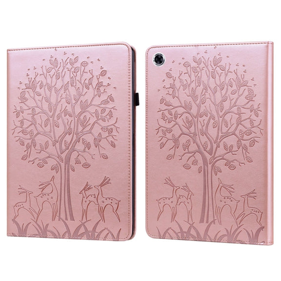 For Samsung Galaxy Tab A9+ Tree & Deer Embossed Leather Tablet Case(Pink)