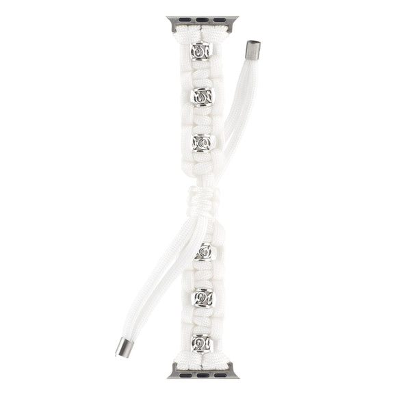 For Apple Watch SE 44mm Silk Silver Beads Braided Watch Band(White)