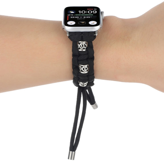 For Apple Watch 42mm Silk Silver Beads Braided Watch Band(Black)