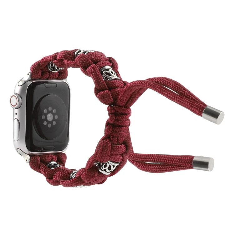 For Apple Watch 38mm Silk Silver Beads Braided Watch Band(Wine Red)