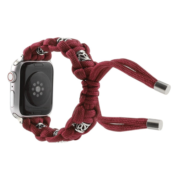 For Apple Watch 38mm Silk Silver Beads Braided Watch Band(Wine Red)