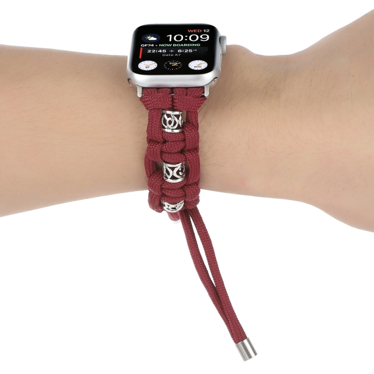 For Apple Watch 38mm Silk Silver Beads Braided Watch Band(Wine Red)
