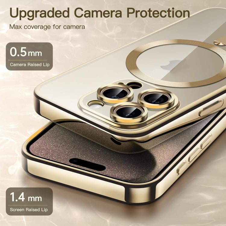 For iPhone 15 Pro Max Transparent Electroplated Magsafe Magnetic TPU Phone Case(Gold)