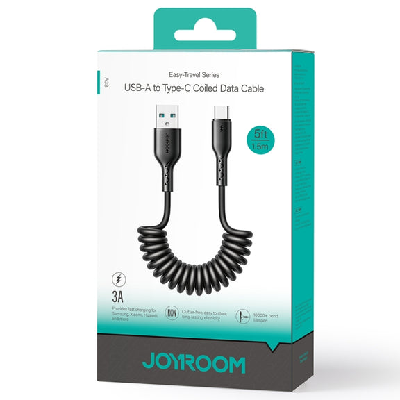 JOYROOM SA38-AC3 3A USB to USB-C / Type-C Coiled Fast Charging Data Cable, Length:1.5m(Black)