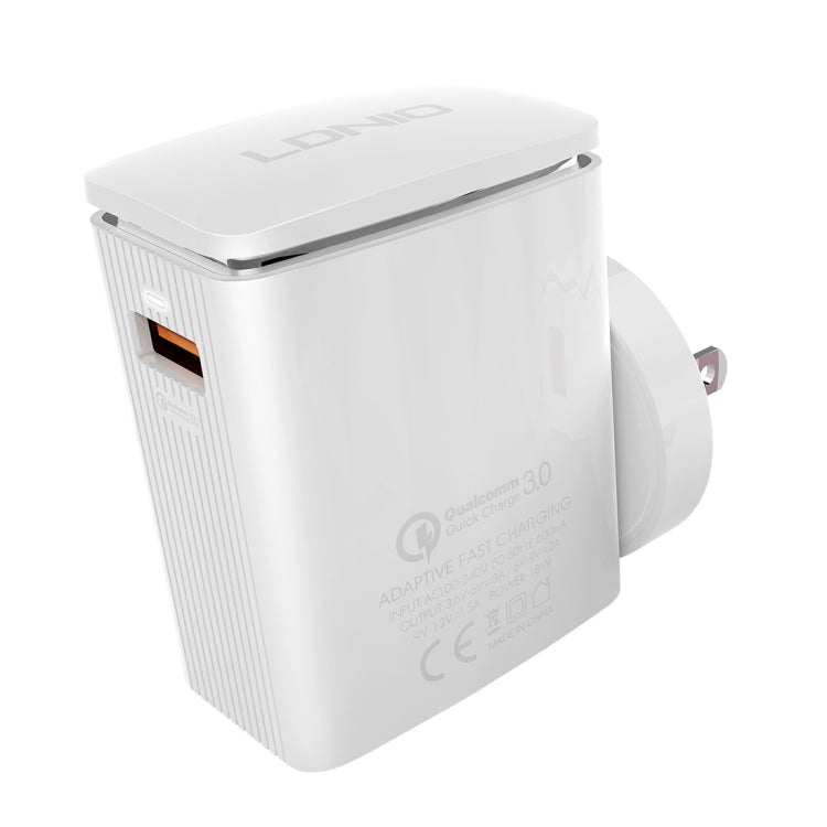 LDNIO A1301Q 2 in 1 18W QC3.0 USB Interface Travel Charger Mobile Phone Charger with Type-C / USB-C Data Cable, US Plug