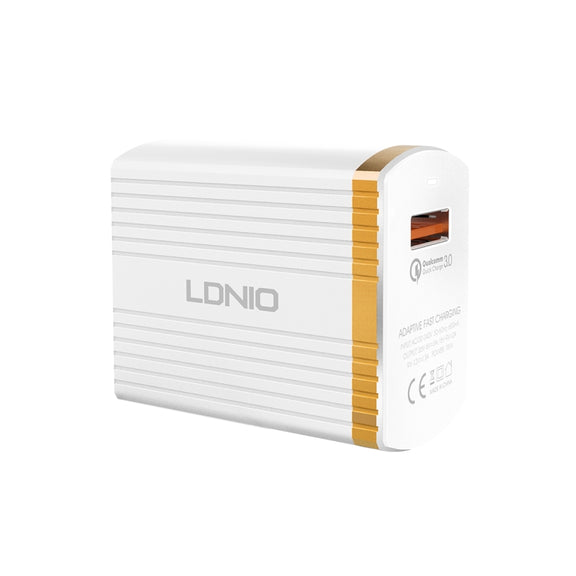 LDNIO A1302Q 2 in 1 18W QC3.0 USB Interface Grid Shape Travel Charger Mobile Phone Charger with 8 Pin Data Cable, EU Plug