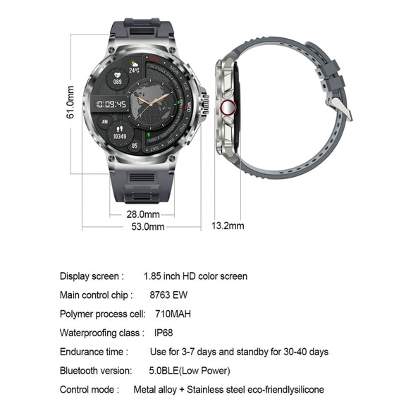 V69 IP68 BT5.0 1.85inch Smart Watch Support Voice Call / Sleep Detection(Silver)