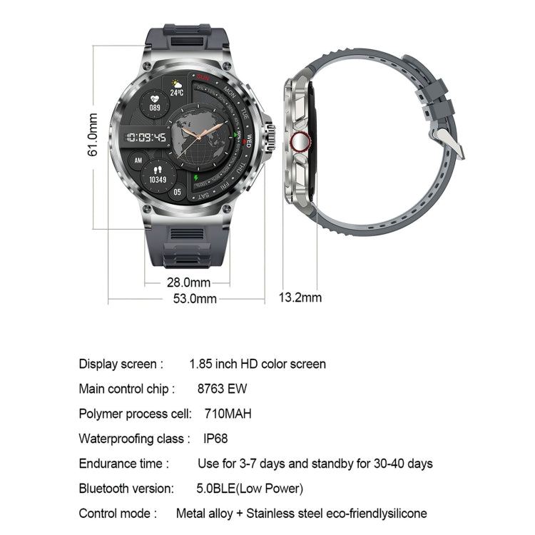 V69 IP68 BT5.0 1.85inch Smart Watch Support Voice Call / Sleep Detection(Silver)