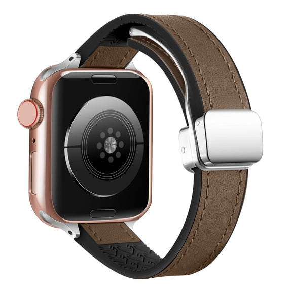 For Apple Watch Series 9 45mm Magnetic Folding Leather Silicone Watch Band(Dark Brown)