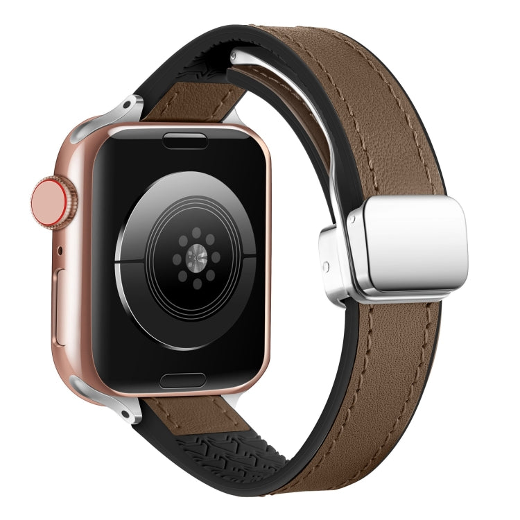 For Apple Watch Series 9 45mm Magnetic Folding Leather Silicone Watch Band(Dark Brown)