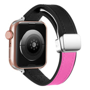 For Apple Watch 42mm Magnetic Folding Leather Silicone Watch Band(Black Rose Red)