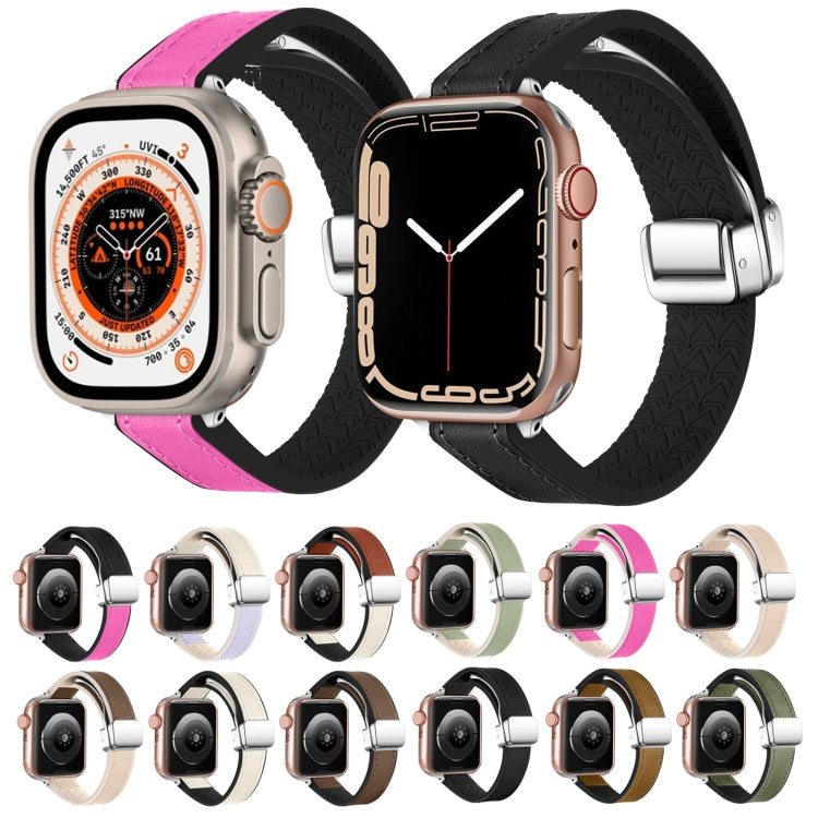 For Apple Watch Series 9 45mm Magnetic Folding Leather Silicone Watch Band(Dark Brown)