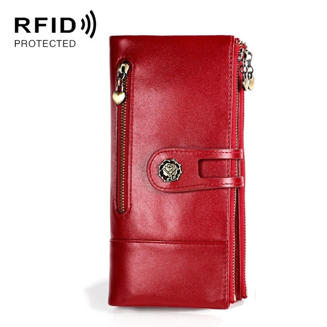 3513 Antimagnetic RFID Multi-function Retro Leather Lady Wallet Large-capacity Purse with Card Holder(Red)