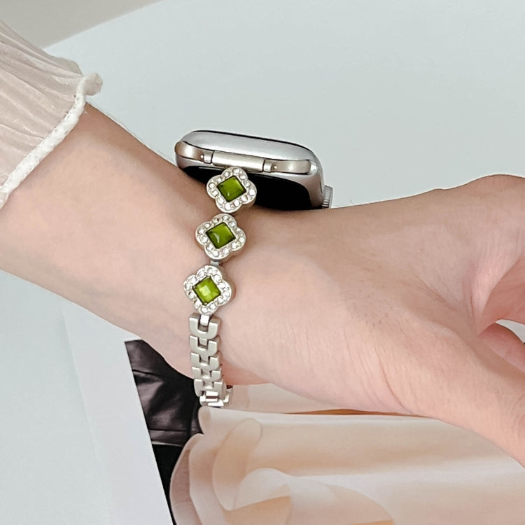 For Apple Watch Series 8 45mm Diamond Four-leaf Clover Metal Chain Watch Band(Gold)