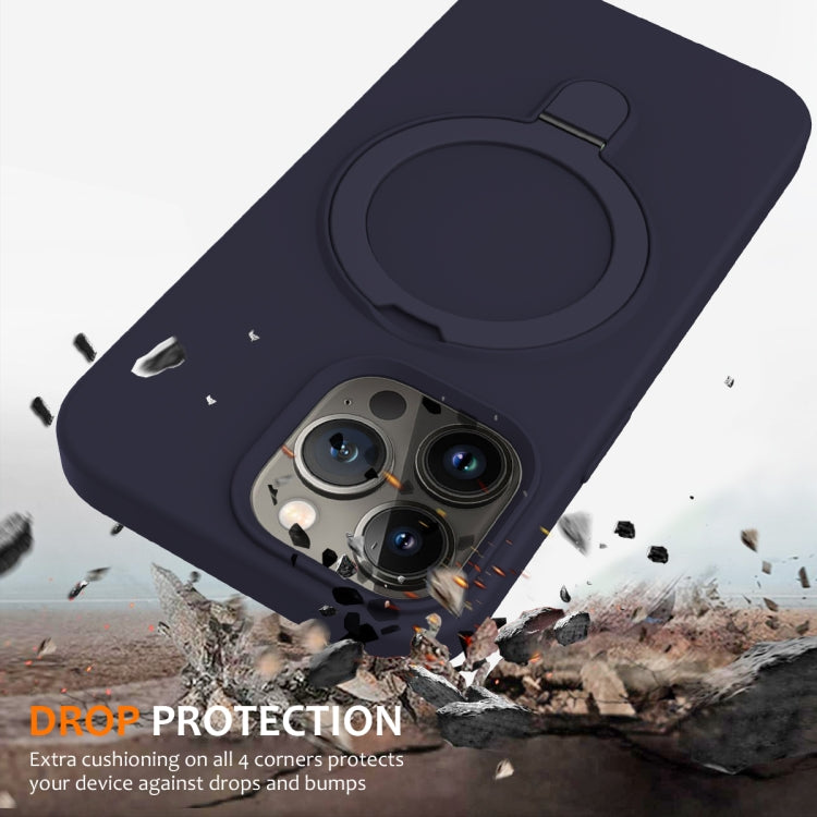 For iPhone 13 Pro Liquid Silicone MagSafe Magnetic Phone Case with Ring Holder(Midnight Blue)