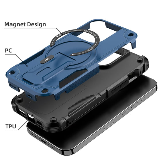 For iPhone 14 Plus Armor Magsafe Holder PC Hybrid TPU Phone Case(Dark Blue)