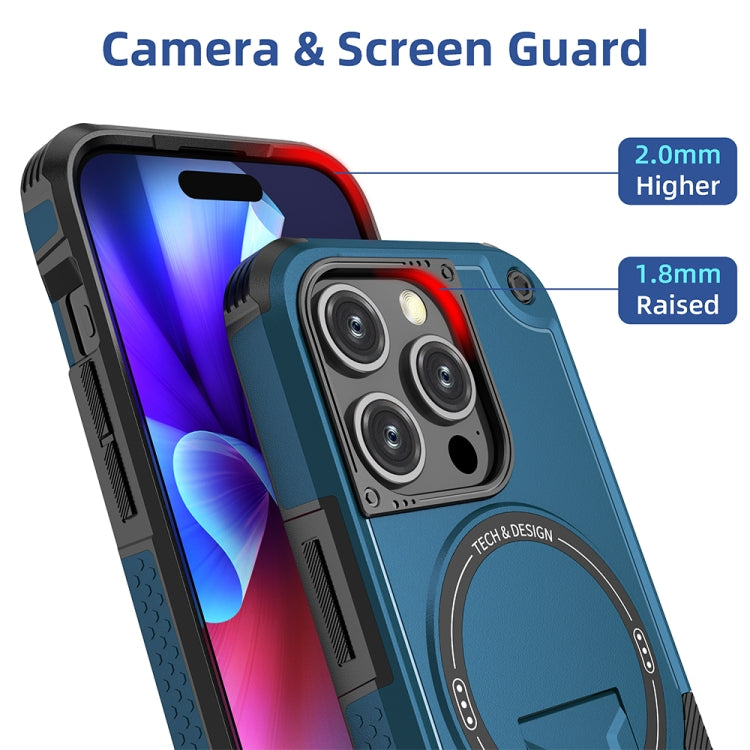 For iPhone 14 Plus Armor Magsafe Holder PC Hybrid TPU Phone Case(Dark Blue)