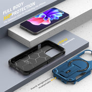 For iPhone 14 Plus Armor Magsafe Holder PC Hybrid TPU Phone Case(Dark Blue)