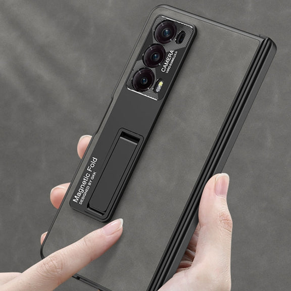 For Honor Magic V2 GKK Integrated Frosted Fold Hinge Leather Phone Case with Holder(Black)