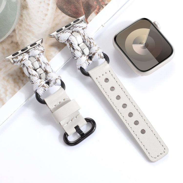 For Apple Watch Series 5 40mm Paracord Genuine Leather Watch Band(White Khaki)